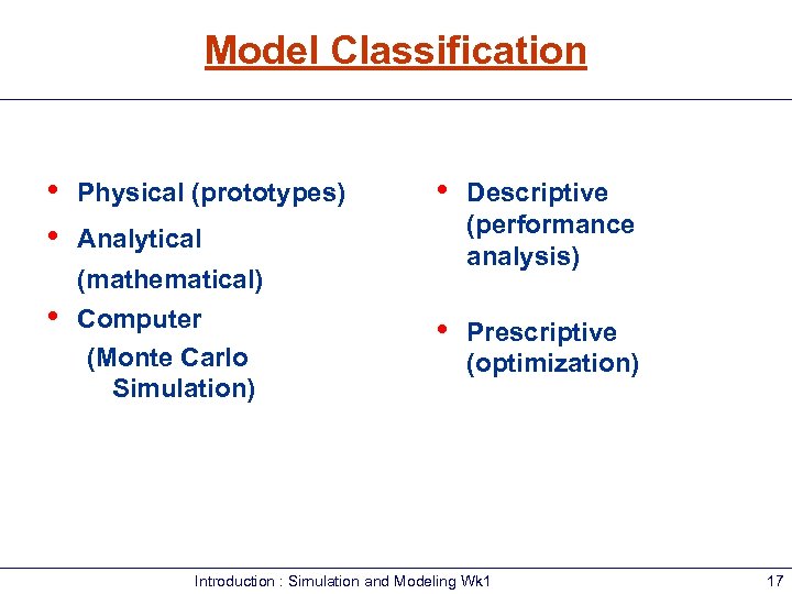 Model Classification • • Physical (prototypes) • Descriptive (performance analysis) • Prescriptive (optimization) Analytical