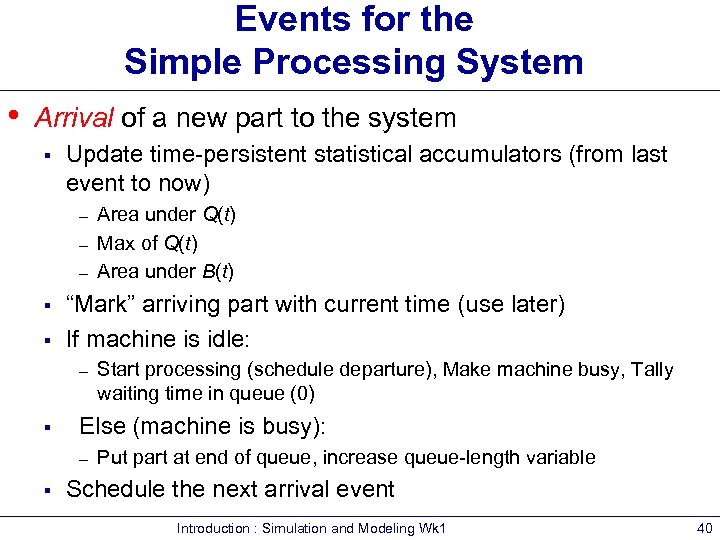 Events for the Simple Processing System • Arrival of a new part to the