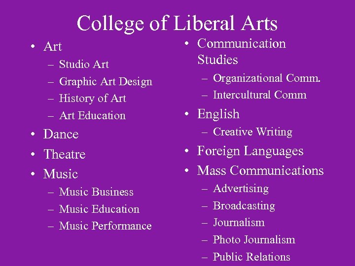 College of Liberal Arts • Art – – Studio Art Graphic Art Design History