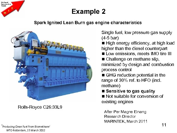 Example 2 Spark Ignited Lean Burn gas engine characteristics Single fuel, low pressure gas
