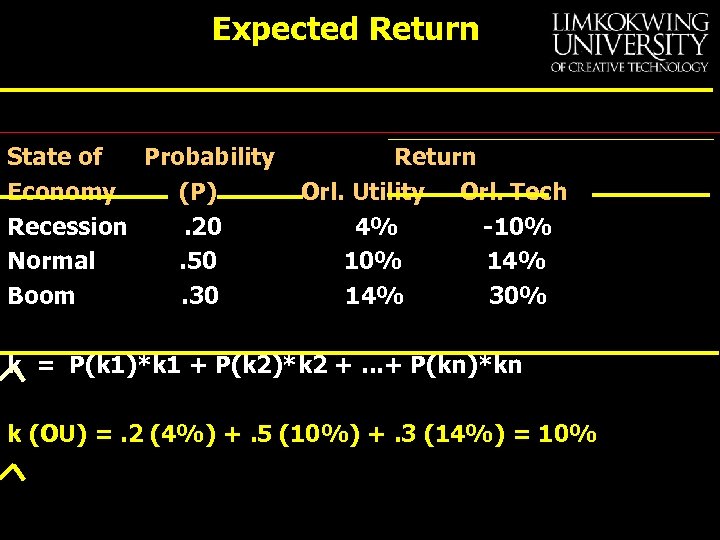 Expected Return State of Probability Economy (P) Recession. 20 Normal. 50 Boom. 30 Return