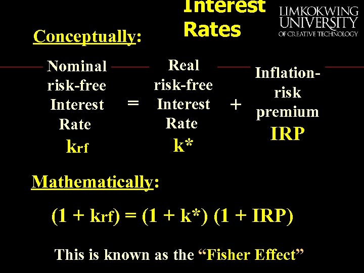 Interest Rates Conceptually: Nominal risk-free Interest Rate = Real risk-free Interest Rate krf k*