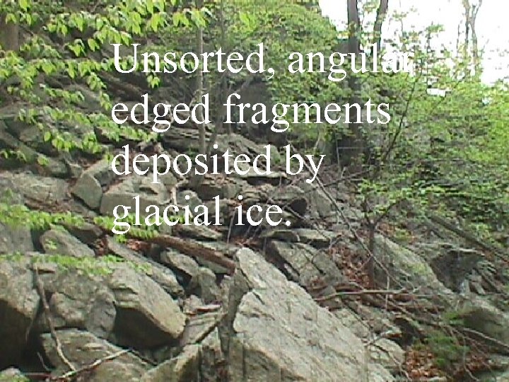 Unsorted, angular edged fragments deposited by glacial ice. 