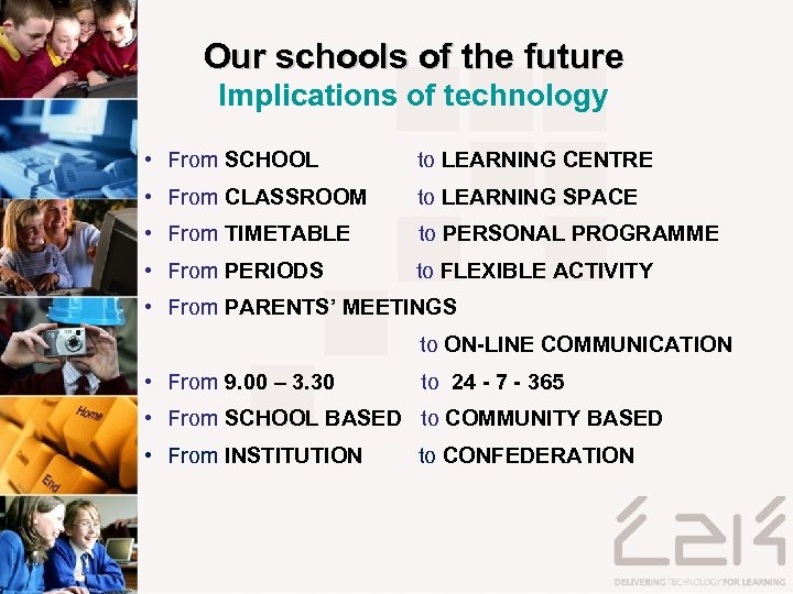 Our schools of the future Implications of technology • From SCHOOL to LEARNING CENTRE