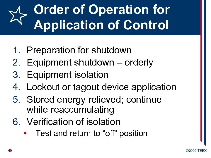 Order of Operation for Application of Control 1. 2. 3. 4. 5. Preparation for