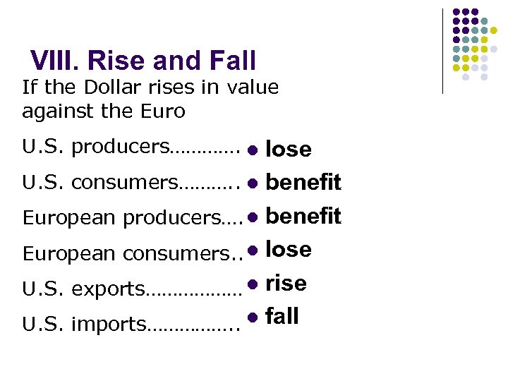 VIII. Rise and Fall If the Dollar rises in value against the Euro U.