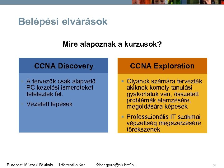 Belépési elvárások Mire alapoznak a kurzusok? CCNA Discovery CCNA Exploration § A tervezők csak