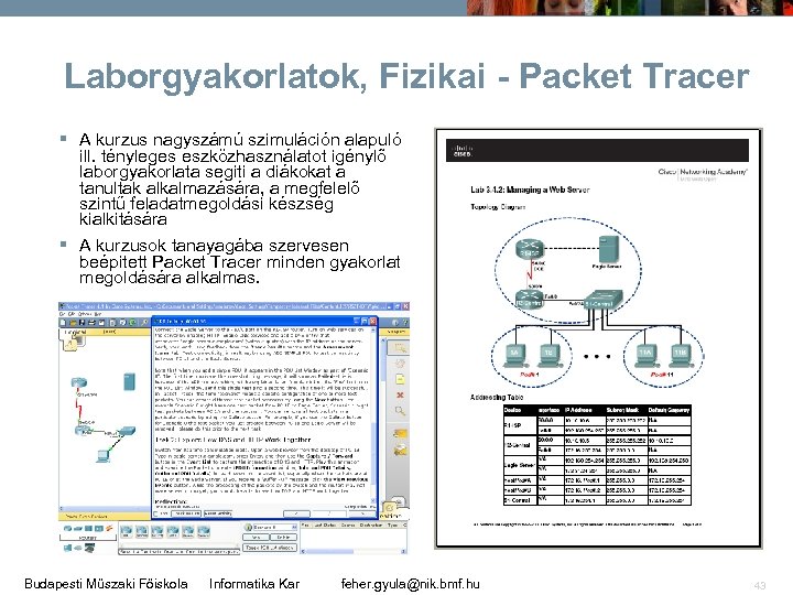 Laborgyakorlatok, Fizikai - Packet Tracer § A kurzus nagyszámú szimuláción alapuló ill. tényleges eszközhasználatot