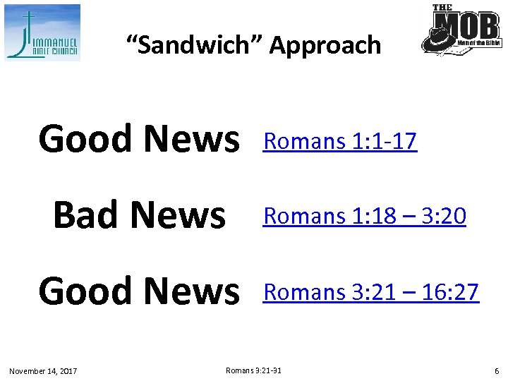 “Sandwich” Approach Good News Romans 1: 1 -17 Bad News Romans 1: 18 –