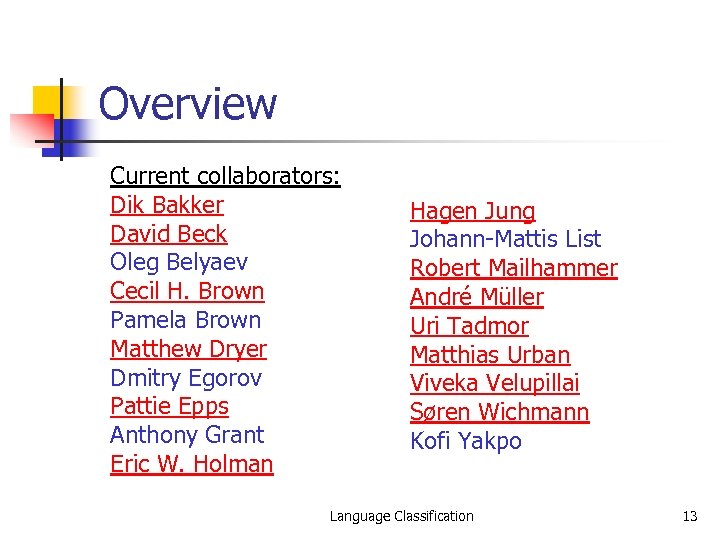 Overview Current collaborators: Dik Bakker David Beck Oleg Belyaev Cecil H. Brown Pamela Brown