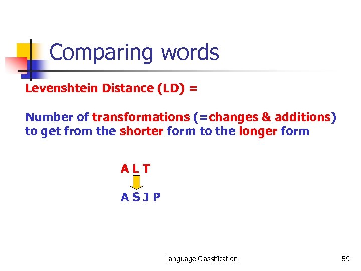 Comparing words Levenshtein Distance (LD) = Number of transformations (=changes & additions) to get