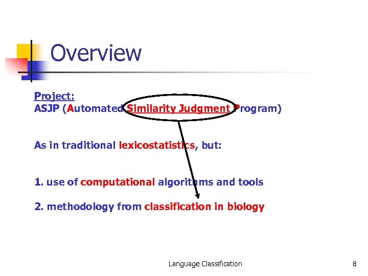 Overview Project: ASJP (Automated Similarity Judgment Program) As in traditional lexicostatistics, but: 1. use