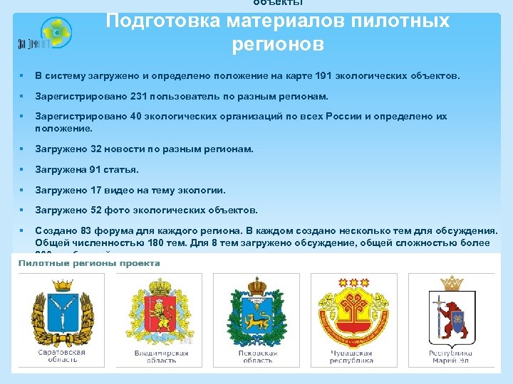 объекты Подготовка материалов пилотных регионов § В систему загружено и определено положение на карте