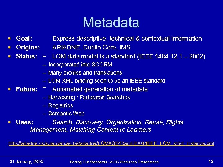 Metadata § § § Goal: Origins: Status: Express descriptive, technical & contextual information ARIADNE,