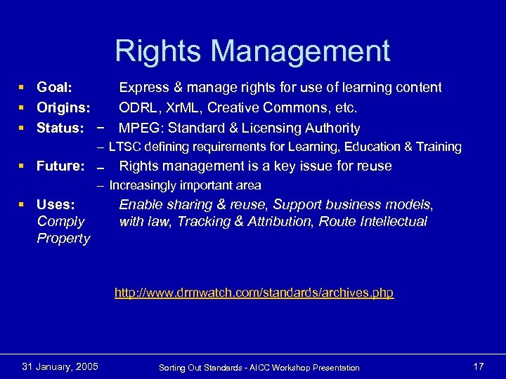 Rights Management § § § Goal: Origins: Status: Express & manage rights for use
