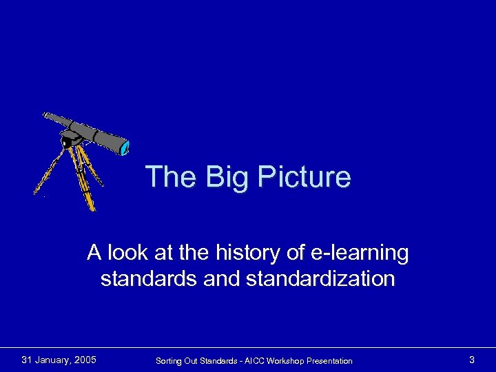 The Big Picture A look at the history of e-learning standards and standardization 31