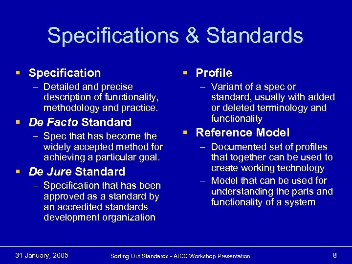 Specifications & Standards § Specification § Profile – Detailed and precise description of functionality,