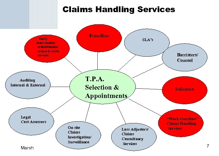 Claims Handling Services Early intervention/ rehabilitation/ return to work services Auditing Internal & External