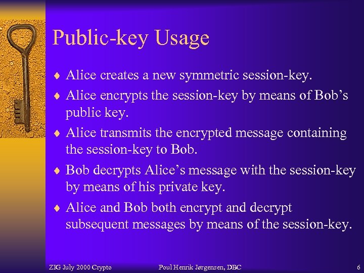 Public-key Usage ¨ Alice creates a new symmetric session-key. ¨ Alice encrypts the session-key