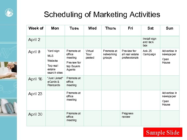 Scheduling of Marketing Activities Week of Mon Tues Wed Thurs Fri Sun Install sign