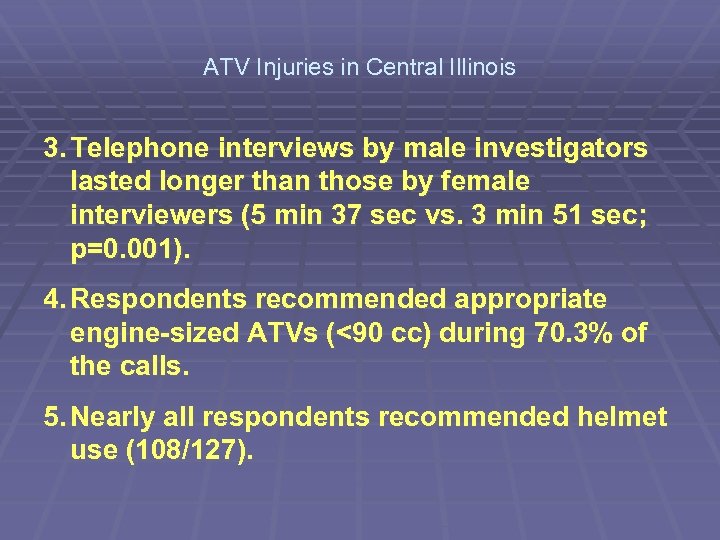 ATV Injuries in Central Illinois 3. Telephone interviews by male investigators lasted longer than