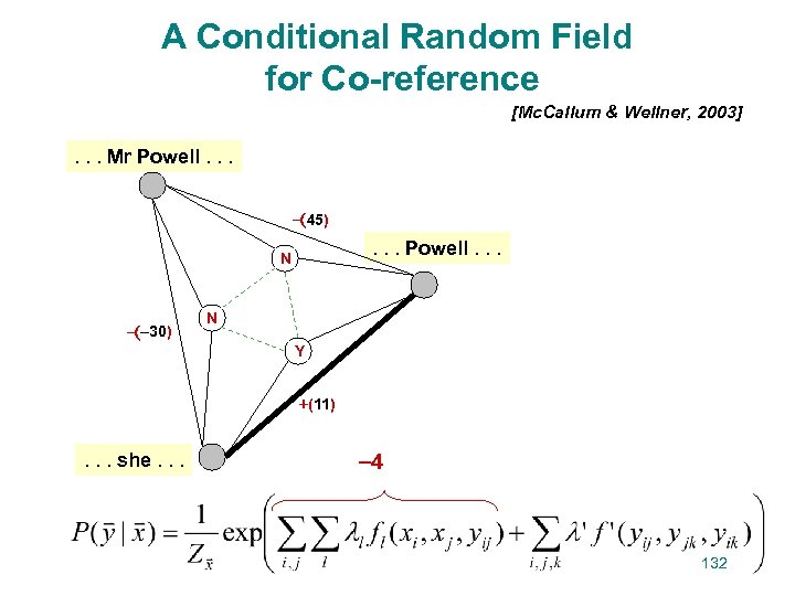 A Conditional Random Field for Co-reference [Mc. Callum & Wellner, 2003] . . .