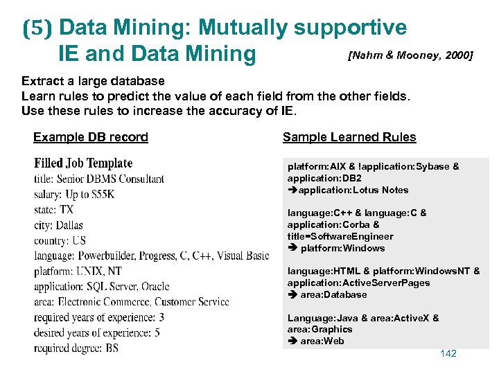(5) Data Mining: Mutually supportive [Nahm & Mooney, 2000] IE and Data Mining Extract