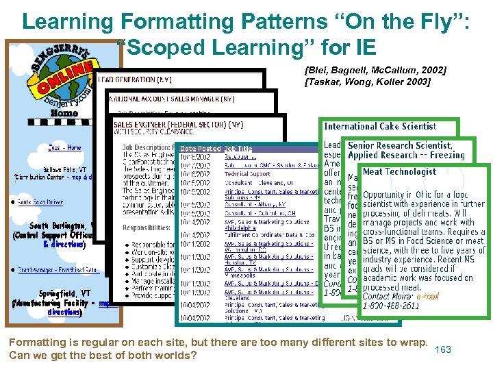 Learning Formatting Patterns “On the Fly”: “Scoped Learning” for IE [Blei, Bagnell, Mc. Callum,