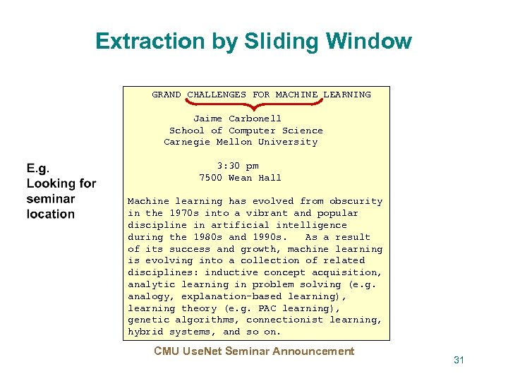 Extraction by Sliding Window GRAND CHALLENGES FOR MACHINE LEARNING Jaime Carbonell School of Computer
