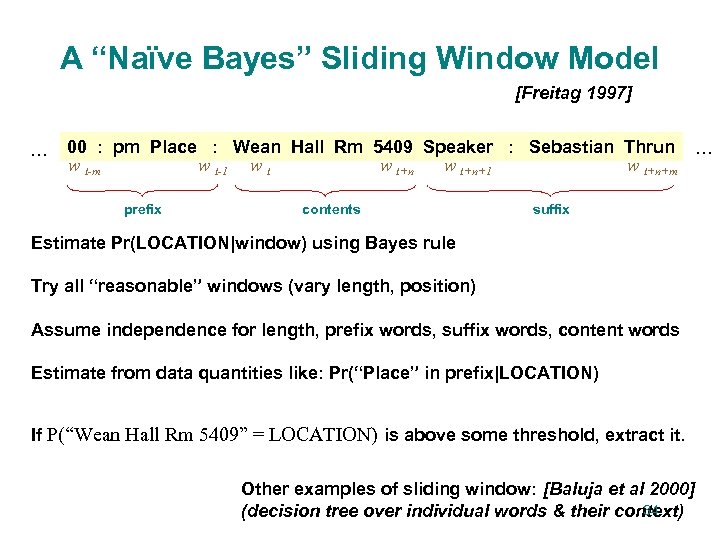 A “Naïve Bayes” Sliding Window Model [Freitag 1997] … 00 : pm Place :