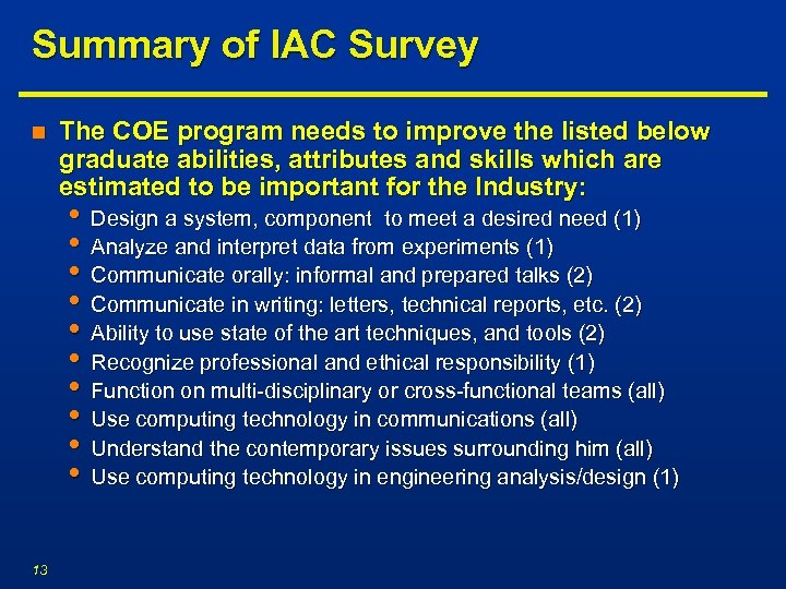 Summary of IAC Survey n The COE program needs to improve the listed below