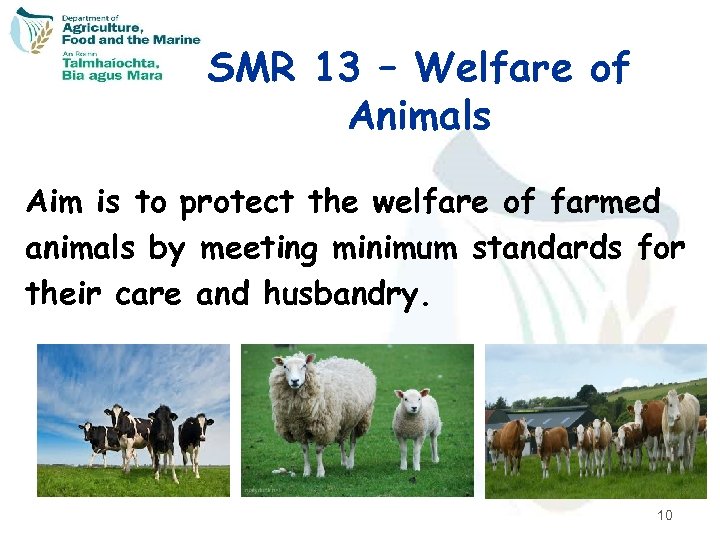 SMR 13 – Welfare of Animals Aim is to protect the welfare of farmed