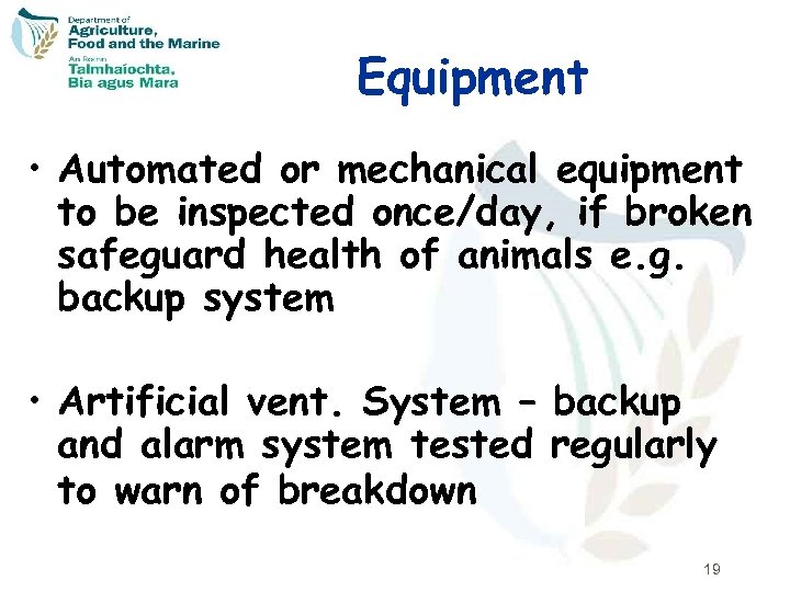 Equipment • Automated or mechanical equipment to be inspected once/day, if broken safeguard health