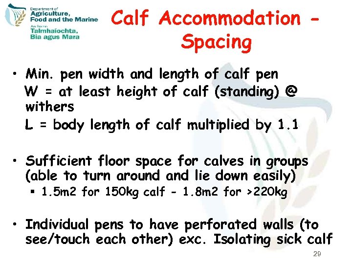 Calf Accommodation Spacing • Min. pen width and length of calf pen W =