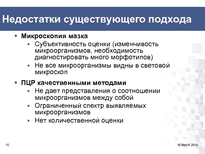 Недостатки существующего подхода § Микроскопия мазка § Субъективность оценки (изменчивость микроорганизмов, необходимость диагностировать много