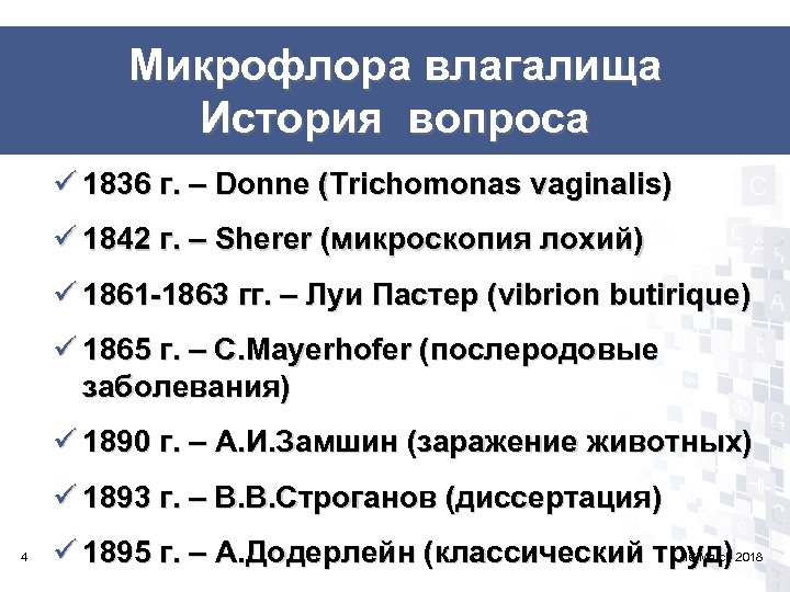 Микрофлора влагалища История вопроса ü 1836 г. – Donne (Trichomonas vaginalis) ü 1842 г.