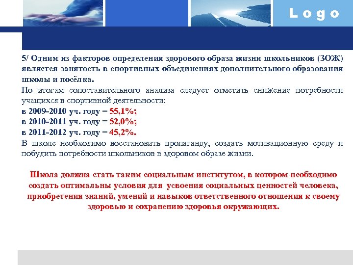 Logo 5/ Одним из факторов определения здорового образа жизни школьников (ЗОЖ) является занятость в
