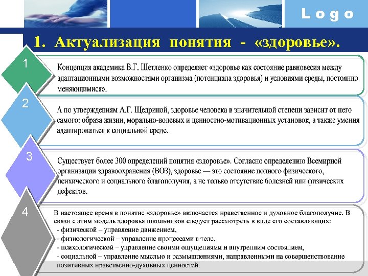 Logo 1. Актуализация понятия - «здоровье» . 1 2 3 4 
