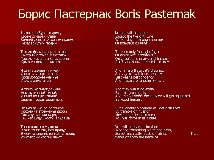 Борис Пастернак Boris Pasternak Никого не будет в доме, Кроме сумерек. Один Зимний день