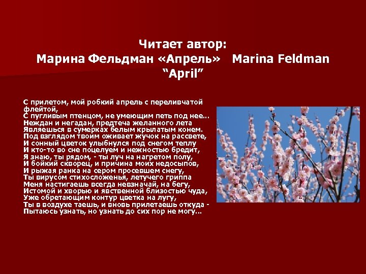 Читает автор: Марина Фельдман «Апрель» Marina Feldman “April” С прилетом, мой робкий апрель с