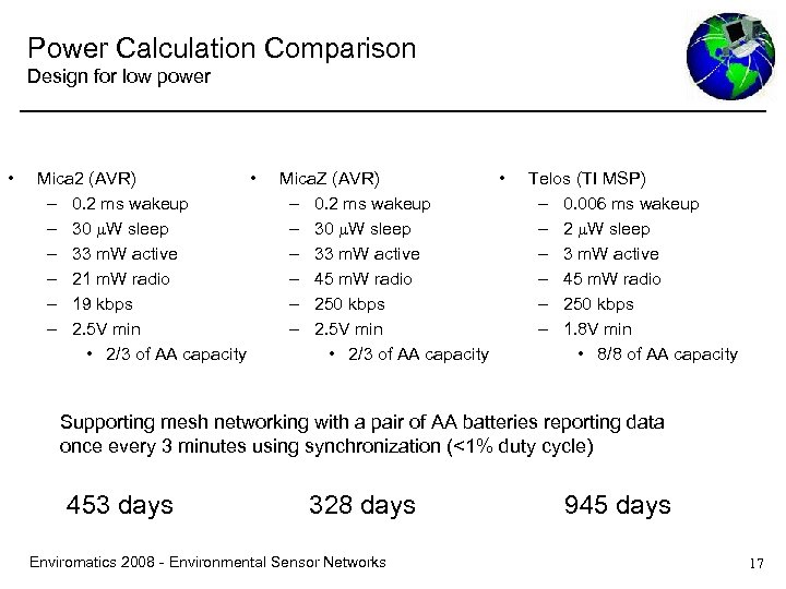 Power Calculation Comparison Design for low power • Mica 2 (AVR) • – 0.