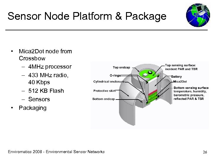 Sensor Node Platform & Package • Mica 2 Dot node from Crossbow – 4