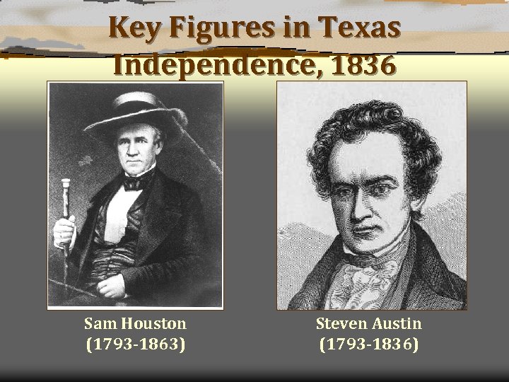 Key Figures in Texas Independence, 1836 Sam Houston (1793 -1863) Steven Austin (1793 -1836)