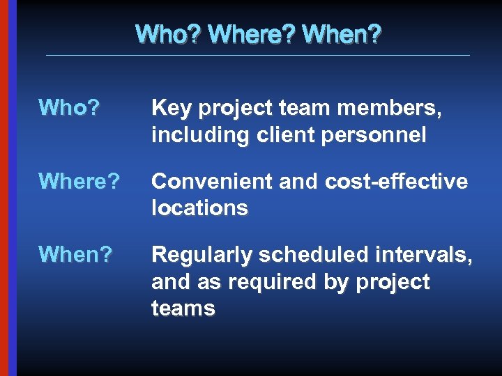 Who? Where? When? Who? Key project team members, including client personnel Where? Convenient and