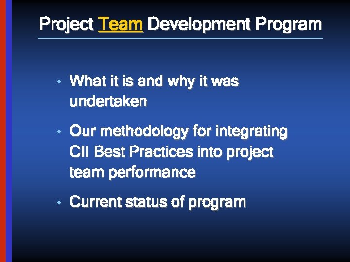 Project Team Development Program • What it is and why it was undertaken •