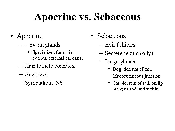 Apocrine vs. Sebaceous • Apocrine – ~ Sweat glands • Specialized forms in eyelids,