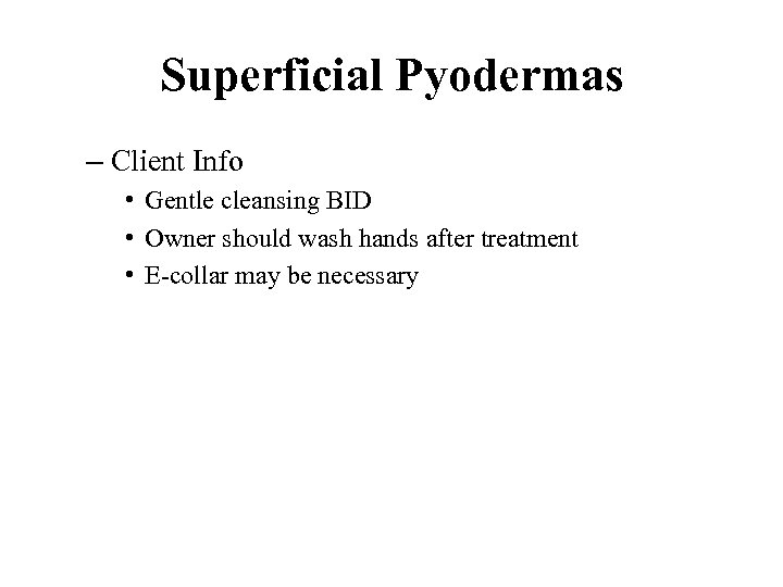 Superficial Pyodermas – Client Info • Gentle cleansing BID • Owner should wash hands