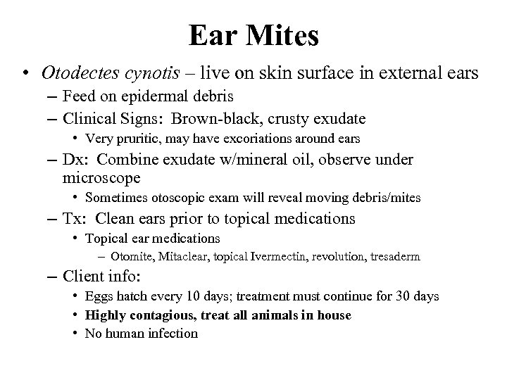 Ear Mites • Otodectes cynotis – live on skin surface in external ears –