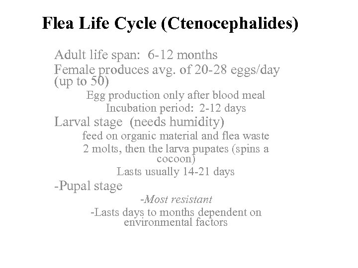 Flea Life Cycle (Ctenocephalides) Adult life span: 6 -12 months Female produces avg. of