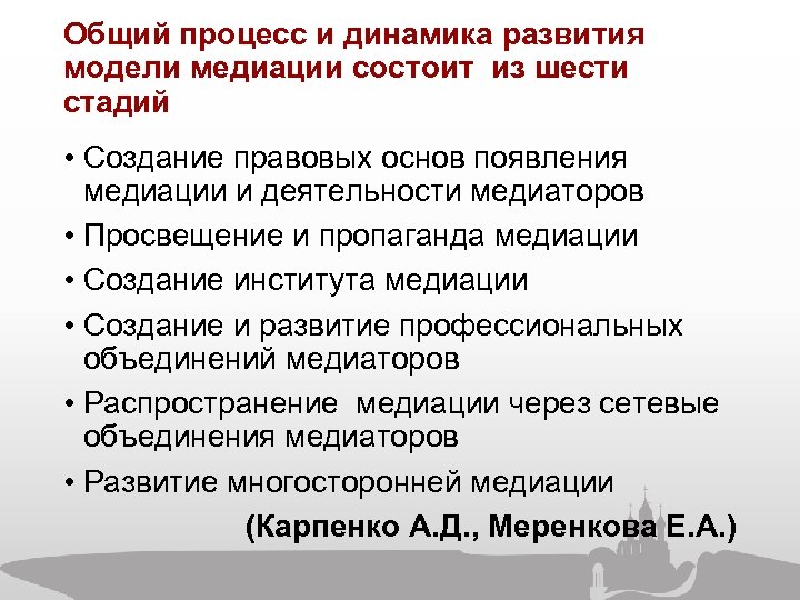 Общий процесс и динамика развития модели медиации состоит из шести стадий • Создание правовых